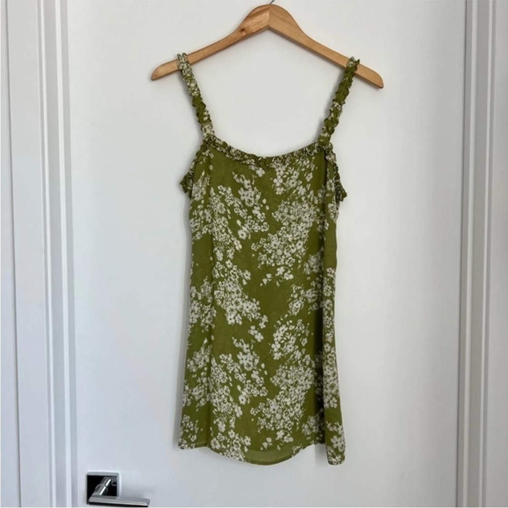 Reformation Ruffled Straps Floral Green Mini Dress EUC Size 2